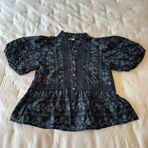entro Navy Puff-Sleeve Floral Button-Front Peplum Top